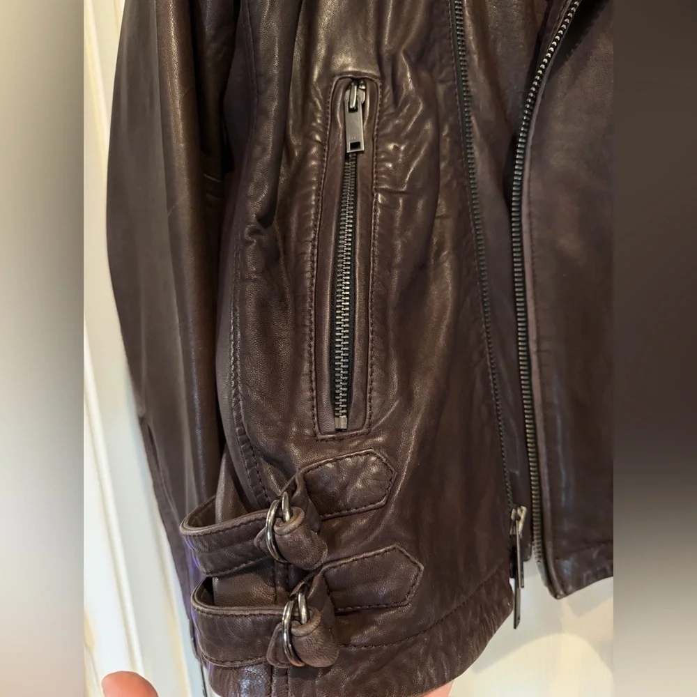 DKNY Dark Brown 100% Lamb Leather Biker Jacket